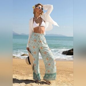 Boho Floral Palazzo Pants Wide Leg Beach Size Large